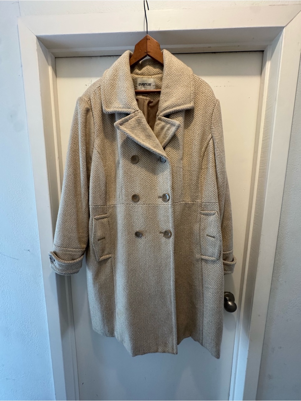 Avenue Cream Herringbone Double-Breasted Pea Coat
